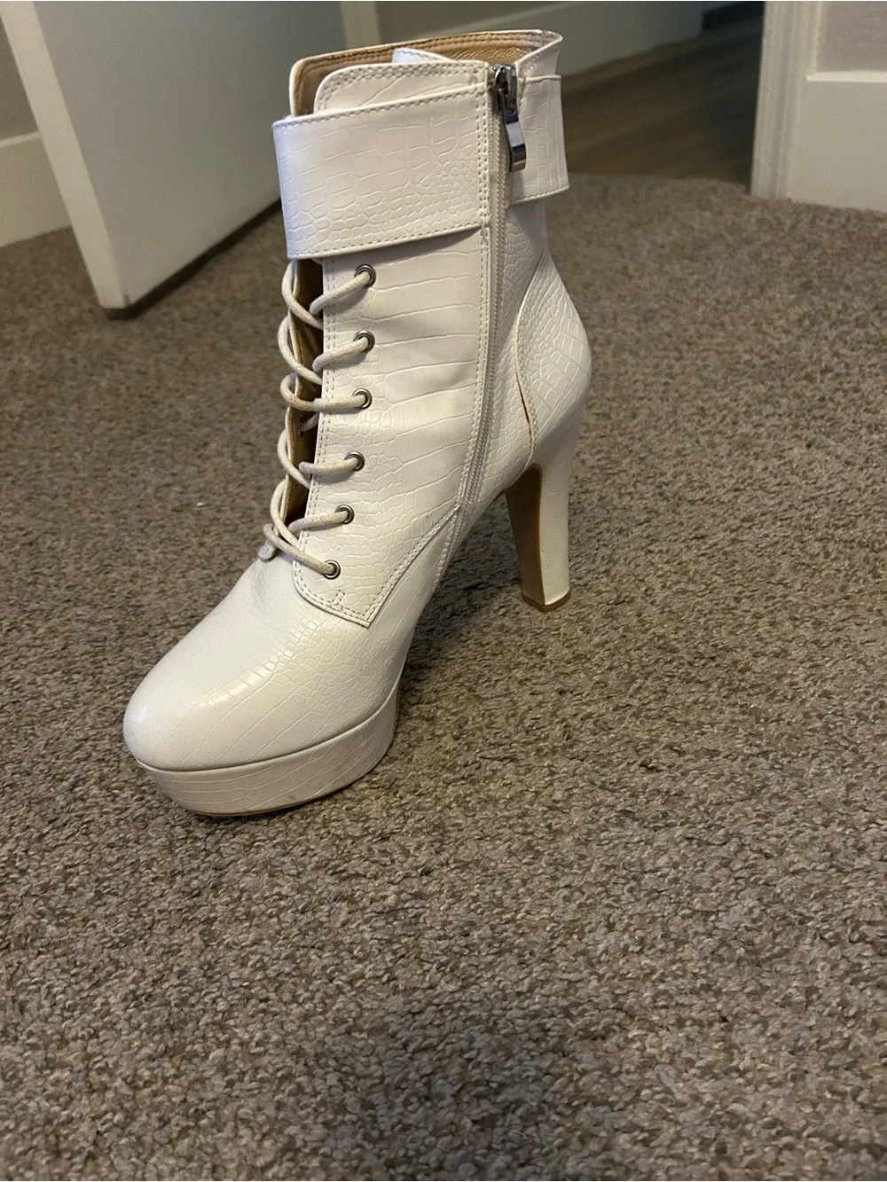 White Croc-Embossed Platform Ankle Boot with Lace-Up Front